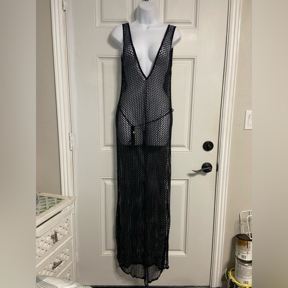 T27- LUCY LOVE Black Fish Net Crochet Maxi Cover-Up BEACH Dress